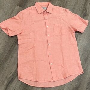 Hickey Freeman Large Short Sleeve Salmon Linen Cotton Blend Button Front Shirt